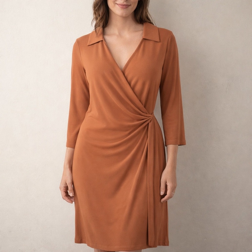 Anne Klein Wrap Dress Womens Size Medium Rust Orange 3/4 Sleeve Collared Office